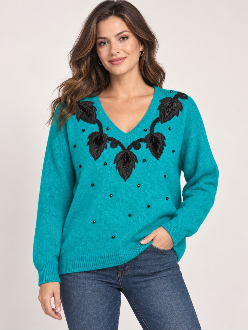 Vintage Private Party Teal Silk Angora Lambswool Embellished Sweater Size M